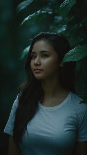 full body, Indonesian local girl, feminine pose, light make-up,smile,cinematic film still of dim light, low light, dramatic light, partially covered in shadow, realistic photo, close-up, close-up shot, plain white t-shirt,, gigantic breasts, masterpiece, ripped long denim pants, 18 years old, radiating an air of allure and sophisticated charm, with a striking, captivating face, positioned against the backdrop of a busy nighttime fantasy forest, shining leaves, shining flowers,, her gaze piercing into the camera, Low-key lighting , 32k resolution, best quality, high saturation , edgy, photo-real, Style, sky, at dusk,scenery, shallow depth of field, vignette, highly detailed, high budget, bokeh, cinemascope, moody, epic, gorgeous, film grain, grainy, Low-key lighting Style ,neon photography style