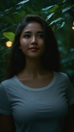 full body, Indonesian local girl, feminine pose, light make-up,smile,cinematic film still of dim light, low light, dramatic light, partially covered in shadow, realistic photo, close-up, close-up shot, plain white t-shirt,, gigantic breasts, masterpiece, ripped long denim pants, 18 years old, radiating an air of allure and sophisticated charm, with a striking, captivating face, positioned against the backdrop of a busy nighttime fantasy forest, shining leaves, shining flowers,, her gaze piercing into the camera, Low-key lighting , 32k resolution, best quality, high saturation , edgy, photo-real, Style, sky, at dusk,scenery, shallow depth of field, vignette, highly detailed, high budget, bokeh, cinemascope, moody, epic, gorgeous, film grain, grainy, Low-key lighting Style ,neon photography style