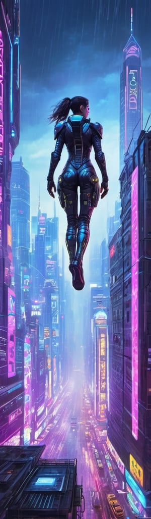 jumping from a high floor of a building, Cyberpunk Style high-tech armor,cyberpunk concept art,full body, jumping in the Sky, (dinamic pose), (girl in the air), (street from very high), background cyberpunk city,Cyber SKYscraper, Aerial view, from side view, epic, neon lights, (night), (rain), panoramic image, detailed, concept art, high quality, 1girl, fair skin,