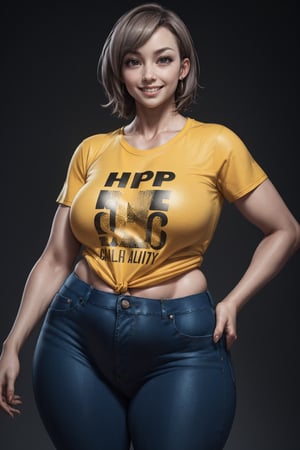 best quality, highres, masterpiece, RAW photo, best quality, photorealistic, ultrarealistic, 8k, smooth lighting, nsfw, 1girl, solo, 38 year old Korean mature female, ((T-shirt with a deep neckline and skinny jeans)), very detailed, tallgirl, sexy, ((sexy pose)), smile, short-hair, chubby_girl, (square_hips:1.5), cameltoe, (gigantic breasts), cameltoe, Pantylines,venusbody,shiraki meiko