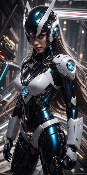 Best picture quality, high resolution, 8k, realistic, sharp focus, realistic image of elegant lady, Korean beauty, supermodel, pure white hair, blue eyes, wearing high-tech cyberpunk style blue Batgirl suit, radiant Glow, sparkling suit, mecha, perfectly customized high-tech suit, ice theme, custom design, 1 girl,mecha,photorealistic,cyborg_girl