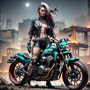 A very sexy woman with deep red and obsidian hair, (uneven punk haircut), night, dark, full Moon, fire, war, apocalypse, future big city, dark light, neon punk,Rogue,More Detail