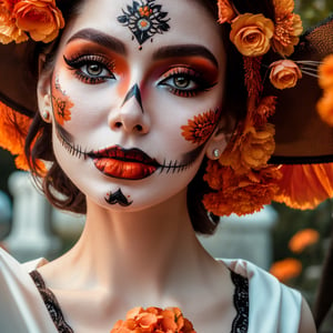 (Best quality, 8k, 32k, Masterpiece, UHD:1.2),  full body potrait of a woman with Catrina makeup, dia de los muertos, white make up, orange, black makeup, emulating a skull with the make up, orange flowers as ornament in hair, many orange flowers, wearing a gown, gloves  and attractive features, eyes, eyelid,  focus, depth of field, film grain,, ray tracing, ((contrast lipstick)), slim model, detailed natural real skin texture, visible skin pores, anatomically correct, night, cemetary background,  Catrina, (PnMakeEnh),Makeup, sexy photo, low angle, looking at the camera, intricate, epic, elegant, highly detailed skin, sharp focus, beautiful volumetric lighting, epic light, ultra detailed, 35mm photograph, film, bokeh, professional, 4k, highly detailed