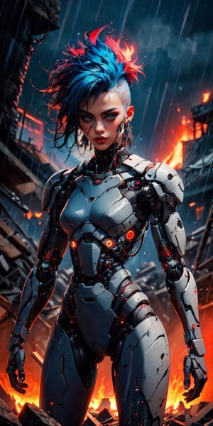 A humanoid robot with visible cybernetic parts and a beautiful female face, ((punk haircut with mohawk)). Its torso and hips are covered in poncho with geometric embroidery. It is patrolling in the destroyed megalopolis during the rain. Modelling light. High details, Rembrandt lighting. High details. Octane render. Artstation, retroartstyle, intense and vibrant colors, chromatic aberration, UHD, 8K, chaotic volumetric light, neon lights, sci-fi horror film, highly detailed, intricate, powerful aura, foggy atmosphere, fog, fire, horror, darkness, sharp focus, bokeh