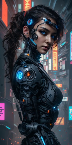 BEST QUALITY, HIGHRES, ABSURDRES, HIGH_RESOLUTION, MASTERPIECE, SUPER DETAIL, HYPER DETAIL, INTRICATE_DETAILS, PERFECTEYES, DARK EYELASHES, EYELINER, SOFT GLOWING EYES, 8K, UHD, sharp focus, bokeh, epic light, perfect volumetric lighting, intense colors, vibrant colors, chromatic aberration

1girl, solo, breasts, looking at viewer, jewelry, medium breasts, blue hair, upper body, ponytail, multicolored hair, earrings, from side, orange eyes, profile, science fiction, (android, cyborg, cyberpunk:1.4),photorealistic,REALISTIC,BJ_Oil_painting