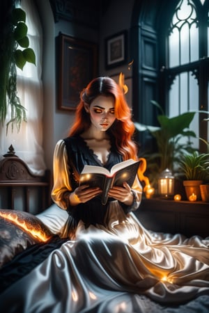 Cinematic, intricately detailed image of a beautiful woman reading a book in bed wearing silk night gown, UHD, 8k, sharp focus, intrincate, Epic light, flawless, flowy hair,  detailed features,  relaxed pose, cute bedroom, yulia brodskaya style room with lots of house plants, natural filted light through the window, gothic style,huayu,more detail XL,fire element, Magic, 16mm film, bokeh, gothic science fiction