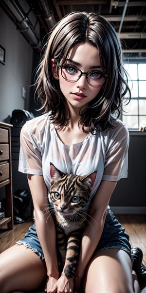 {((generates an idyllic image of a very beautiful and sensual 28 year old girl dressed in youthful urban hip hop style clothes sitting on the floor of a loft playing with an adorable and very cute kitten))}, the girl has prescription glasses, black hair (punk haircut), beautiful volumetric lighting, epic light, 80s comic, the image shows 80s pop culture with intense and vibrant colors, chromatic aberration, highly detailed, intricate masterpiece, UHD, 8K, sharp focus, bokeh, imitation of 80s movie poster