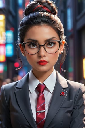 (masterpiece), (half body), the woman has black hair tied up in a bun,  and is wearing a dark gray tailored suit,  with a white shirt and a red tie. He wears black-framed glasses and a silver wristwatch,  the image is 8k quality, intense colors, vibrant colors, chromatic aberration, sharp focus, intricate, beautiful volumetric lighting, epic light, bokeh,more detail XL