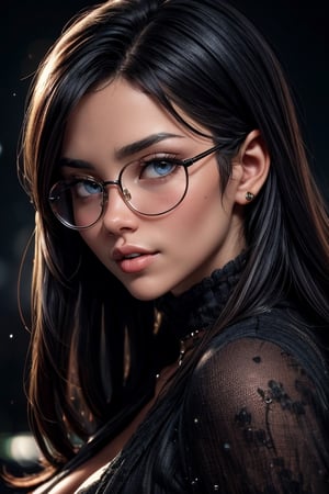 portrait of a beautiful and cute woman in profile, big eyes, big detailed lips, long hair, background glow and haze, ((round glasses)), UHD, 8K, intense and vibrant colors, chromatic aberration, intricate, beautiful volumetric lighting, epic light, sharp focus, bokeh, highly detailed, juicy lips, perfect and very big eyes, very long eyelashes, subtle glitter makeup, ((looking at camera)), sexy and lascivious expression, (casual outfit), horror movie, dark, powerful and captivating aura, foggy atmosphere