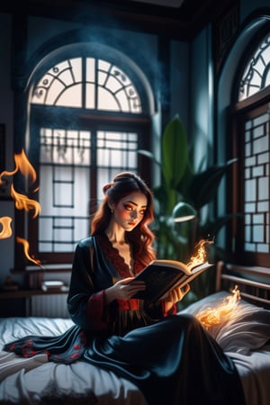 Cinematic, intricately detailed image of a beautiful woman reading a book in bed wearing silk night gown, UHD, 8k, sharp focus, intrincate, Epic light, flawless, flowy hair,  detailed features,  relaxed pose, cute bedroom, yulia brodskaya style room with lots of house plants, natural filted light through the window, gothic style,huayu,more detail XL,fire element,composed of fire elements