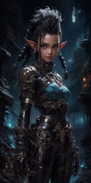zelda, sexy and beautiful, super long black hair, (punk haircut with mohawk and braids), pointy ears, blue shirt, long sleeves, fingerless gloves, black gloves, black pants, tight pants, (hip hop outfit), blue nails, looking at the camera smile, blushing, UHD, 8K, highly detailed masterpiece, beautiful volumetric lighting, epic light, intricate, sharp focus, bokeh, rich colors, vibrant colors, chromatic aberration, pop culture art, neonpunk, horror, sci-fi, Black,line,photorealistic,oil painting