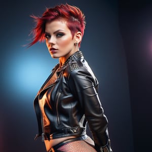 a very sexy woman with jet and red hair, (punk haircut), full body shot, absurdres, highres, ultra detailed, (1girl:1.3), BREAK ,moter bike suit, motorbike, photo real, ultra high quality, hiperrealistic image, hiperrealistic skin, hiperrealistic backgrounds, professional photography, photorealistic, balanced colors, proportionate features, symmetrical eyes, highly detailed image, highly detailed skin, sharp focus, hiperrealistic volumetric lighting, natural light, ultra detailed, sexy photo, low angle, looking at the camera, 35mm photograph, film, bokeh, professional, chromatic aberration, incredibly detailed and intricate, FKAA, TXAA, RTX, CGI, VFX