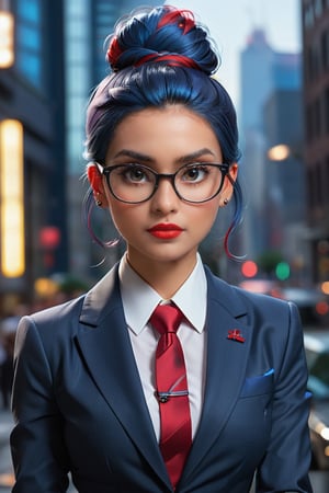 (masterpiece), (half body), the woman has dark blue hair tied up in a bun,  and is wearing a dark gray tailored suit,  with a white shirt and a red tie. He wears black-framed glasses and a silver wristwatch,  the image is 8k quality, intense colors, vibrant colors, chromatic aberration, sharp focus, intricate, beautiful volumetric lighting, epic light, bokeh,more detail XL