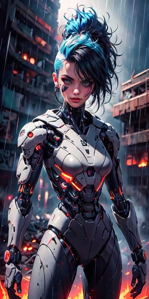 A humanoid robot with visible cybernetic parts and a beautiful female face, ((punk haircut with mohawk)). Its torso and hips are covered in poncho with geometric embroidery. It is patrolling in the destroyed megalopolis during the rain. Modelling light. High details, Rembrandt lighting. High details. Octane render. Artstation, retroartstyle, intense and vibrant colors, chromatic aberration, UHD, 8K, chaotic volumetric light, neon lights, sci-fi horror film, highly detailed, intricate, powerful aura, foggy atmosphere, fog, fire, horror, darkness, sharp focus, bokeh