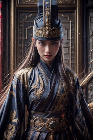(((masterpiece))),(((sharp eyes))),(((long eyelashes and eyeliner))),(((very beautiful face))),(((face))),((large tits))),(((small waist))), 



wearing embroidery traditional chinesse suit,Dynamic Angle,Perspective,realistic,glowing,xuer Embroidered Uniform Guard,1girl,solo focus,holding sword,hat,black hair,gloves,red lips,tassel,blurry background,blurry,lips,upper body,closed mouth,long sleeves,male focus,solo,handsome_girl,lora:绪儿-锦衣卫 xuer Embroidered Uniform Guard:0.8, sharp focus, bokeh, intricate, hyper-realistic volumetric light, epic light, intense colors, vibrant colors, chromatic aberration, UHD, 8K, highly detailed, powerful aura, magical atmosphere,photorealistic
