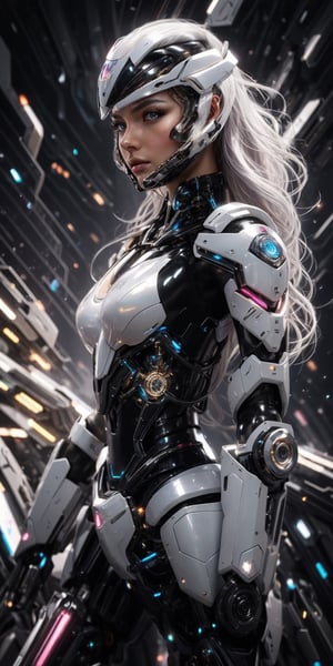 Best picture quality, high resolution, 8k, realistic, sharp focus, realistic image of elegant lady, supermodel, pure white hair, blue eyes, wearing high-tech cyberpunk suit, radiant Glow, sparkling suit, mecha, perfectly customized high-tech suit, ice theme, custom design, 1 girl,mecha,photorealistic,cyborg_girl, beautiful volumetric lighting, epic light, intense and vibrant colors, chromatic aberration