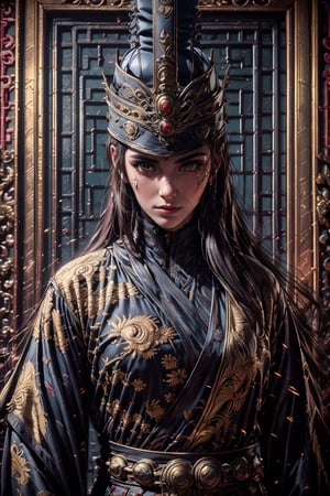 (((masterpiece))),(((sharp eyes))),(((long eyelashes and eyeliner))),(((very beautiful face))),(((face))),((large tits))),(((small waist))), 



wearing embroidery traditional chinesse suit,Dynamic Angle,Perspective,realistic,glowing,xuer Embroidered Uniform Guard,1girl,solo focus,holding sword,hat,black hair,gloves,red lips,tassel,blurry background,blurry,lips,upper body,closed mouth,long sleeves,male focus,solo,handsome_girl,lora:绪儿-锦衣卫 xuer Embroidered Uniform Guard:0.8, sharp focus, bokeh, intricate, hyper-realistic volumetric light, epic light, intense colors, vibrant colors, chromatic aberration, UHD, 8K, highly detailed, powerful aura, magical atmosphere,photorealistic,retroartstyle