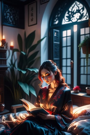 Cinematic, intricately detailed image of a beautiful woman reading a book in bed wearing silk night gown, UHD, 8k, sharp focus, intrincate, Epic light, flawless, flowy hair,  detailed features,  relaxed pose, cute bedroom, yulia brodskaya style room with lots of house plants, natural filted light through the window, gothic style,huayu,more detail XL,fire element