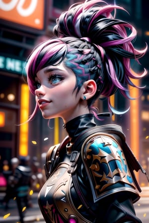 (a very beautiful, cheerful and adorable woman looking at the camera), (full body), (black and pink hair), (punk haircut with mohawk), perfect body with ideal proportions, perfect eyes, very long eyelashes, semi-profile, wide and bright smile, perfect smile, juicy lips, sensual makeup, portrait of max caulfield, imogen poots as holy warrior, imogen poots paladin, imogen poots as holy paladin, cinematic bust close-up, imogen poots, imogen poots d&d paladin, cinematic close-up, fantasy film frame, beautiful volumetric lighting, intense colors, vibrant colors, sharp focus, intricate, chromatic aberration, bokeh, epic light, UHD, 8K, professional photography, realized photography with a professional 35mm digital SLR camera with a Nikon wide-angle lens, neonpunk, More Detail