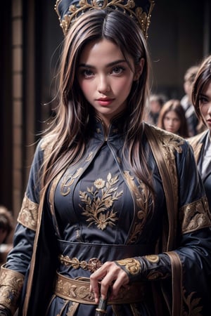 (((masterpiece))),(((sharp eyes))),(((long eyelashes and eyeliner))),(((very beautiful face))),(((face))),((large tits))),(((small waist))), 



wearing embroidery traditional chinse suit,Dynamic Angle,Perspective,realistic,glowing,xuer Embroidered Uniform Guard,1girl,solo focus,holding sword,hat,black hair,gloves,red lips,tassel,blurry background,blurry,lips,upper body,closed mouth,long sleeves,male focus,solo,handsome_girl,lora:绪儿-锦衣卫 xuer Embroidered Uniform Guard:0.8,