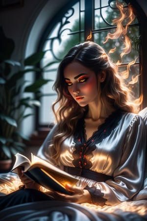 Cinematic, intricately detailed image of a beautiful woman reading a book in bed wearing silk night gown, UHD, 8k, sharp focus, intrincate, Epic light, flawless, flowy hair,  detailed features,  relaxed pose, cute bedroom, yulia brodskaya style room with lots of house plants, natural filted light through the window, gothic style,huayu,more detail XL,fire element, Magic, 16mm film, bokeh,science fiction
