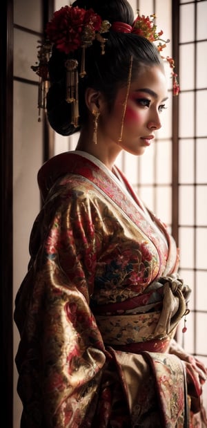 (RAW photo, best quality), (realistic, photo-Realistic:1.3),
stunning courtesan (oiran) in traditional Japanese attire, embodying the grace and beauty of a flower. Envision an intricately adorned kimono featuring vibrant and intricate floral patterns,The hairstyle should be an elaborate arrangement, perhaps with traditional kanzashi hair ornaments. Incorporate subtle makeup, delicate accessories, and a serene expression that captures the elegance associated with a flower courtesan,Ensure the backdrop reflects a refined, traditional setting, enhancing the overall aesthetic of this captivating,Oiran,Exquisite face, perfect body with ideal proportions, very marked and outlined facial features, perfect big eyes with very long eyelashes, juicy lips, cyberpunk, neon lights, sharp focus, bokeh, intricate, beautiful volumetric lighting, epic light, intense and vibrant colors, chromatic aberration,cyborg ,BJ_Oil_painting,photorealistic