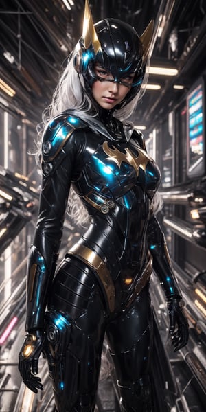 Best picture quality, high resolution, 8k, realistic, sharp focus, realistic image of elegant lady, Korean beauty, supermodel, pure white hair, blue eyes, wearing high-tech cyberpunk style blue Batgirl suit, radiant Glow, sparkling suit, mecha, perfectly customized high-tech suit, ice theme, custom design, 1 girl,mecha,photorealistic,cyborg_girl, beautiful volumetric lighting, epic light, intense and vibrant colors, chromatic aberration