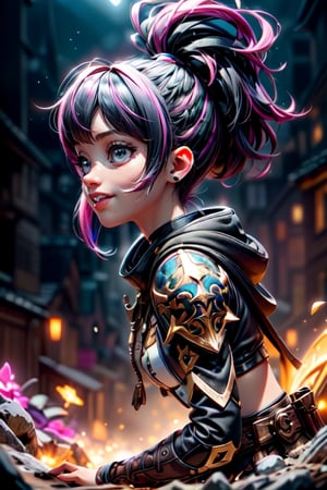 (a very beautiful, cheerful and adorable woman looking at the camera), (full body), (black and pink hair), (punk haircut with mohawk), perfect body with ideal proportions, perfect eyes, very long eyelashes, semi-profile, wide and bright smile, perfect smile, juicy lips, sensual makeup, portrait of max caulfield, imogen poots as holy warrior, imogen poots paladin, imogen poots as holy paladin, cinematic bust close-up, imogen poots, imogen poots d&d paladin, cinematic close-up, fantasy film frame, beautiful volumetric lighting, intense colors, vibrant colors, sharp focus, intricate, chromatic aberration, bokeh, epic light, UHD, 8K, professional photography, realized photography with a professional 35mm digital SLR camera with a Nikon wide-angle lens,More Detail