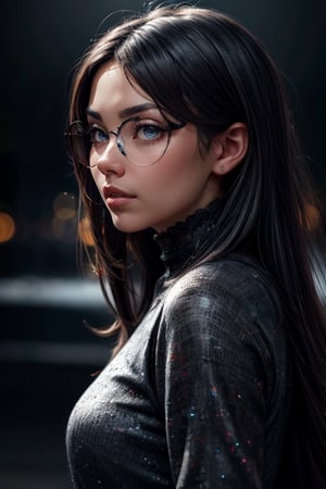portrait of a beautiful and cute woman in profile, big eyes, big detailed lips, long hair, background glow and haze, ((round glasses)), UHD, 8K, intense and vibrant colors, chromatic aberration, intricate, beautiful volumetric lighting, epic light, sharp focus, bokeh, highly detailed, juicy lips, perfect and very big eyes, very long eyelashes, subtle glitter makeup, ((looking at camera)), sexy and lascivious expression, (casual outfit), horror movie, dark, powerful and captivating aura, foggy atmosphere