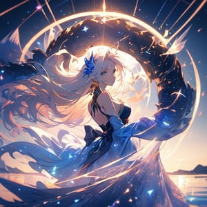 Craft a mesmerizing anime girl with long, flowing blonde hair cascading down her back like liquid sunshine. Her large, expressive cerulean eyes hold the secrets of a thousand worlds, with a faint hint of curiosity and wonder. She stands atop a moonlit cliff, her elegant gown billowing in the soft breeze, and one hand gracefully reaching out towards the starry night sky. In the backdrop, a celestial tapestry of constellations weaves a tale of timeless beauty, and a gentle glow from a distant crescent moon illuminates her delicate features. Capture this moment, where the mundane and the mystical converge, inviting viewers to lose themselves in her captivating aura.image should be 4k.,no_humans,mecha musume,midjourney