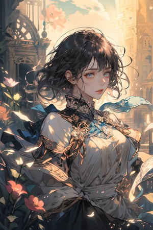 (Gray eyes, black hair, medium hair, wavy hair, small breasts, 1girl), (extremely detailed CG unity 8k wallpaper),(((masterpiece))), (((best quality))), ((ultra-detailed)), (best illustration),(best shadow), ((an extremely delicate and beautiful)),dynamic angle,floating, fairyland,dynamic angle,sea of flowers,beautiful detailed garden,wind,classic,spring, (detailed light),feather, nature, (sunlight), river, forest,(((floating palace))),((the best building)),beautiful and delicate water,(painting),(sketch),(bloom),(shine)
