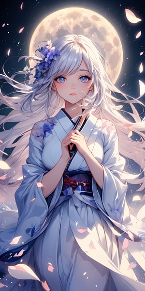 art style, intricate Portrait of beautiful Japanese girl ,siting on tree, paying flute with white flowy hair wearing a treditonal white , white dress with a silk vibrant white color, hyperdetailed face, hyperdetailed eyes, sharp focus on eyes, 8k UHD, work of beauty and inspiration, flowercore, wide angle ,alberto seveso style ,A white flower petals flying with the wind ,large full-moon background , glowing fractal art elements hazel eyes,Anime ,photo r3al