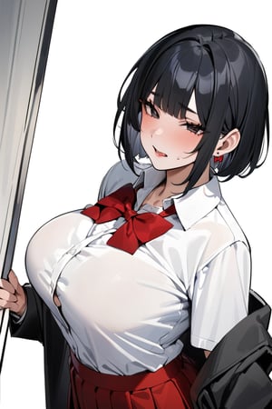 masterpiece, best quality, single, black hair, short hair, bowl haircut, messy hairstyle, sharp eyes, black eyes, school uniform, black jacket, white shirt, red bow tie, red skirt,mature female,milf