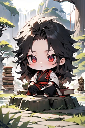 Masterpiece, best quality, absurd, chibi, chibi style, 1 boy, young man, black hair, long hair, messy hair, lion's mane hair, red eyes, short stature, martial clothing, sitting on a rock, a giant white bonsai tree is behind him, outdoors, books scattered on the ground, a wooden dragon statue