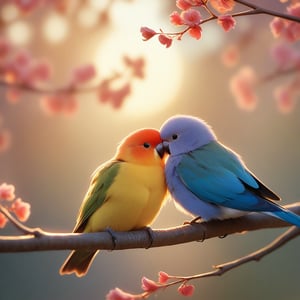 A close-up shot of a pair of lovebirds, their heads touching affectionately, nestled together on a delicate branch. The scene is softly lit by the morning sun, casting a warm glow on their colorful feathers. The composition is centered, with the branch curving gently around them, creating a sense of harmony and intimacy. The background is slightly blurred, focusing attention on the lovebirds' tender embrace.