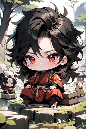 Masterpiece, best quality, absurd, chibi, chibi style, 1 boy, young man, black hair, long hair, messy hair, lion's mane hair, red eyes, short stature, martial clothing, sitting on a rock, a giant white bonsai tree is behind him, outdoors, books scattered on the ground, a wooden dragon statue