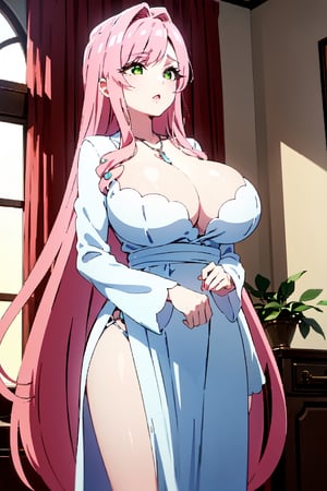 masterpiece, best quality, absurd, MILF,pink hair, extremely long hair, bangs,big breasts, green eyes, cleavage, jewelry, necklace, white dress, BREAK dress,possesses seductive