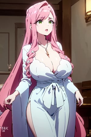 masterpiece, best quality, absurd, MILF,pink hair, extremely long hair, bangs,big breasts, green eyes, cleavage, jewelry, necklace, completely naked