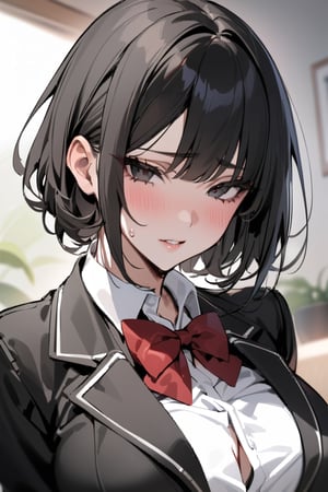 masterpiece, best quality, single, black hair, short hair, bowl haircut, messy hairstyle, sharp eyes, black eyes, school uniform, black jacket, white shirt, red bow tie, red skirt,mature female,milf,motherly