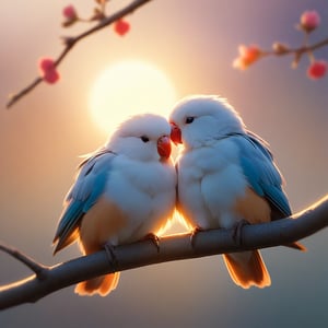 A close-up shot of a pair of lovebirds, their heads touching affectionately, nestled together on a delicate branch. The scene is softly lit by the morning sun, casting a warm glow on their colorful feathers. The composition is centered, with the branch curving gently around them, creating a sense of harmony and intimacy. The background is slightly blurred, focusing attention on the lovebirds' tender embrace.