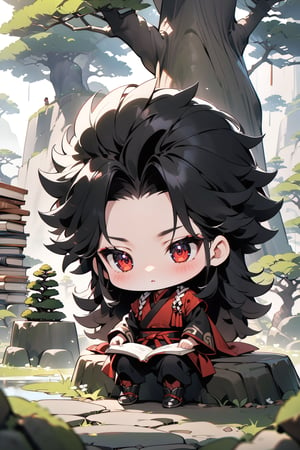 Masterpiece, best quality, absurd, chibi, chibi style, 1boy, young man, black hair, long hair, lion's mane-shaped hair, red eyes, short stature, martial clothing, sitting on a stone, a giant bonsai tree is behind him, outdoors, books scattered on the ground.