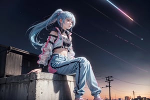 There is a girl called stella. Stella is long hair with ponytail.  Stella has light blue hair. Stella has pink bangs. Stella wears trousers. Stella wears sneakers. 
Stella sits on the rooftop. stella looks up. Stella looks up at the night sky. The scene zooms out. wide angle scene,EpicArt,Meticulous