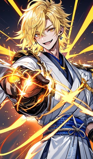 teenage boy, full body, electricity,lightning on hands,blonde_hair, radiant smile, sunny smile,fang,beautiful golden eyes,detail eyes,beautiful detailed eyes,beautiful_face, lightning elemental abilities,Thunder God's Gloves, anime, white traditional Japanese kimono,detail hand,fighting_stance,bishonen,High detailed, fighting_stance, black_earrings,midjourney,