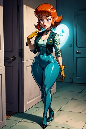 an accurate and detailed full-body shot of Sadie, tall, curvy, wide hips, huge butt, athletic, rich auburn hair in a 1950s coiffed bob hairstyle with bangs, Freckles on cheeks, dark Violet eyes with green flecks, rosy cheeks, luscious lips, (vibrant teal skintight ghost-hunting bodysuit with longsleeves), (pale-green open vest), utility belt with technological gadgets, (green gloves), (Green heeled boots), Teal choker necklace, Quirky and sweet, retro and sci-fi, masterpiece, best quality, 4K, Madeline Fenton (Danny Phantom), dextersmom, gloves, jewelry,