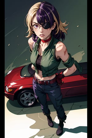 an accurate and detailed full-body shot of a female character named Macey, (1girl), athletic and fit, Medium wavey (blonde hair:1.1) with (purple streaks:1.2) and swept bangs, eyepatch over left eye, purple eye color, (burn Scars on right side of face and arms), black choker with spikes, ((green military jacket with collar:1.3)), ((red tanktop:1.3)), black military-style cargo jeans, Black belt with explosives, black Fingerless biker gloves, stylish combat boots, masterpiece, high quality, 4K, blonde hair, eyepatch, glasses, red vest, ribbon choker, burn scars, black pants, brown high boots, fingerless gloves, minene uryuu, (eyepatch), bare arms,