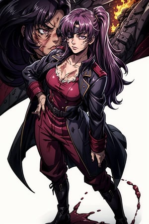 an accurate and detailed full-body shot of a female character named Minia, leader pose, Tall,  athletic and toned,  stern expression, light-purple hair, Long ponytail,  messy bangs hairstyle,  blue-violet eye color,  eyepatch,  ((burn Scars on her neck and chest and right side of the face:1.3)),  Long,  painted pink nails,  (black blouse:1.2),  (wine-colored military coat:1.4),  (black Military trousers:1.1),  black boots,  masterpiece,  high quality,  4K,  balalaika,  long hair,  combat boots,  minene uryuu,  (eyepatch), long hair