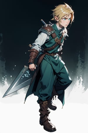 wide full-length shot, action pose, Cole has dirty blonde hair styled with some spikes neat but defiant, His eyes glow blue-green, one eye brighter than the other to show some ancient magic within, He wears a dark green tunic lined with silver plates like an armored SOLDIER uniform, The tunic extends to his knees for ease of movement, Underneath is a black undershirt with one sleeve missing to allow greater shoulder movement, He wears a pauldron on his other shoulder, He wears tough leather gauntlets on both hands and arms, Cole wields a single-edged broadsword reminiscent of the Buster Sword but lighter and engraved with Hylian runes along its fuller, At his waist hangs gadgets like bombs, and a hookshot, His boots appear made for both forest treks and urban missions, Cole's personality echoes his heroic determinations tempered by dark burdens, masterpiece, high quality, 4K, Cloud, ootLink, holding_swor