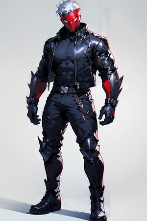 
an accurate and detailed full-body shot of a male superhero character named Wraith, tall and lean bulid, red mask, white spiky hair, ninja-tech suit, biker jacket with high collar, armor plates, greaves, gauntlets, moto-pants, combat boots