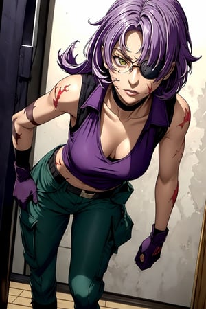 an accurate and detailed full-body shot of a female character named Macey, (1 girl:2), athletic and fit, (Medium-length hair), (blonde hair with purple streaks:1.4), (wavey with swept bangs hairstyle), eyepatch over left eye, purple eye color, (burn Scars on right side of face and arms), black choker with spikes, a (red tank top:1.6) with an (open green vest jacket:1.4), (black military cargo pants:1.5), Black belt with explosives, black Fingerless biker gloves, stylish combat boots, masterpiece, high quality, 4K, blonde hair, eyepatch, glasses, red vest, ribbon choker, burn scars, brown high boots, fingerless gloves, minene uryuu, (eyepatch), bare arms