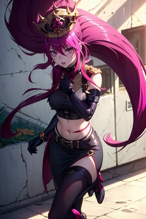 an accurate and detailed full body shot of a young adult female character named Rosaltis, a determined and mysterious aura, (Long flowing magenta hair with pink highlights:1.5), violet-indigo eyes, Seductive makeup, defined lips, (Imperial Veil Crown:1.3), (a white high collar crop top:1.7), (a gothic lace corset underneath crop top:1.4), (Long black opera gloves:1.1), (gold bracers:1.2), (A long black slit-skirt:1.3), Fishnet stockings, Red and gold garter belts, (knee-high Soft-knit wedge heels:1.2), A black belt with various trinkets, Flowing red ribbons, gold accent jewelry, masterpiece, high quality, 4K, rosaria(genshin impact), jessie pokemon, Altair Recreators,
